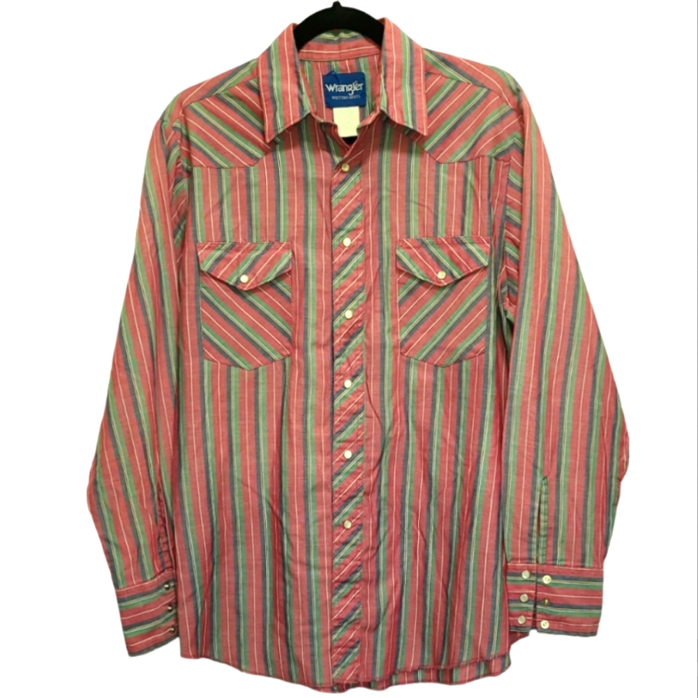 Vintage Wrangler Western Pearl Snap Shirt XL Striped Cowboy Red Blue Green women